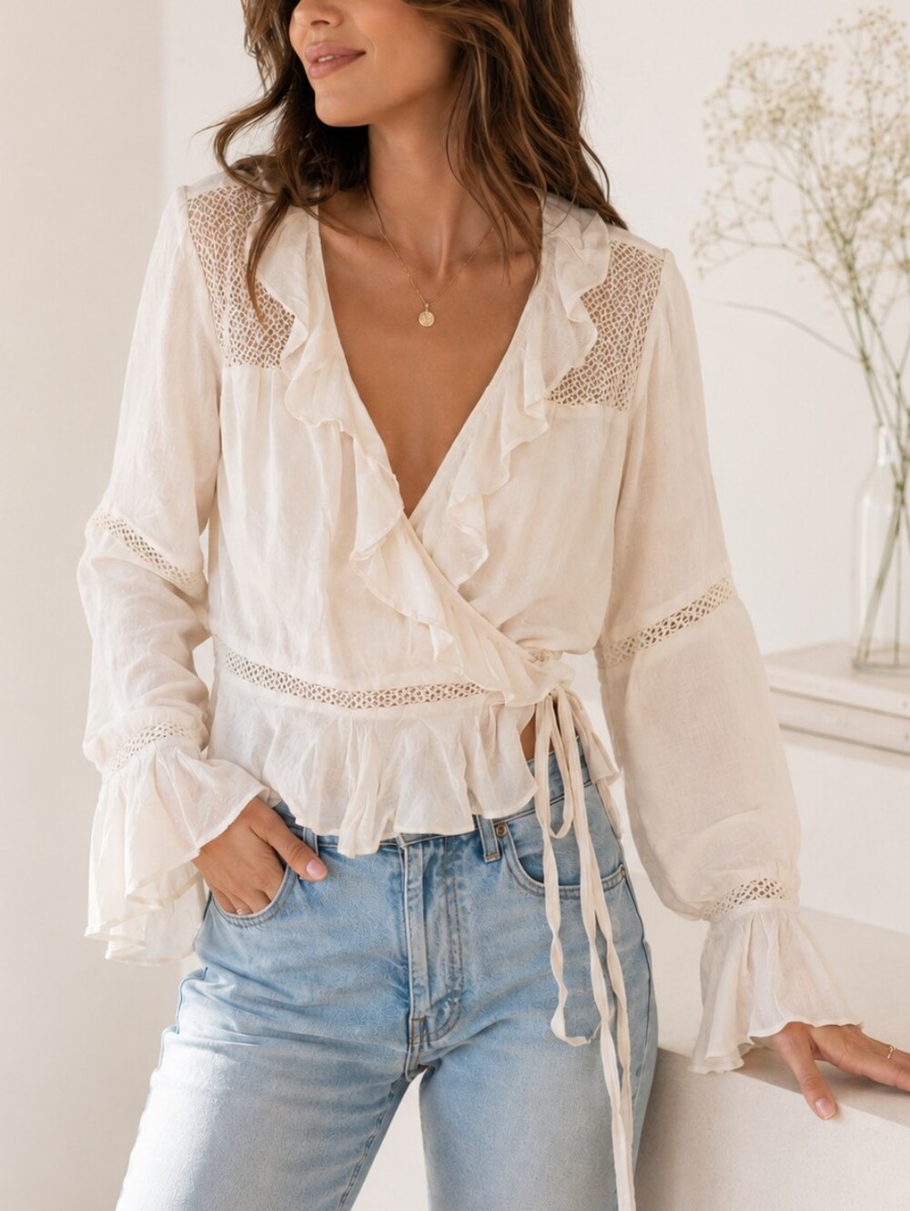 ASOS Romantic Boho Ruffle Wrap Top with Bell Cuff Sleeves, Nwt Size 12